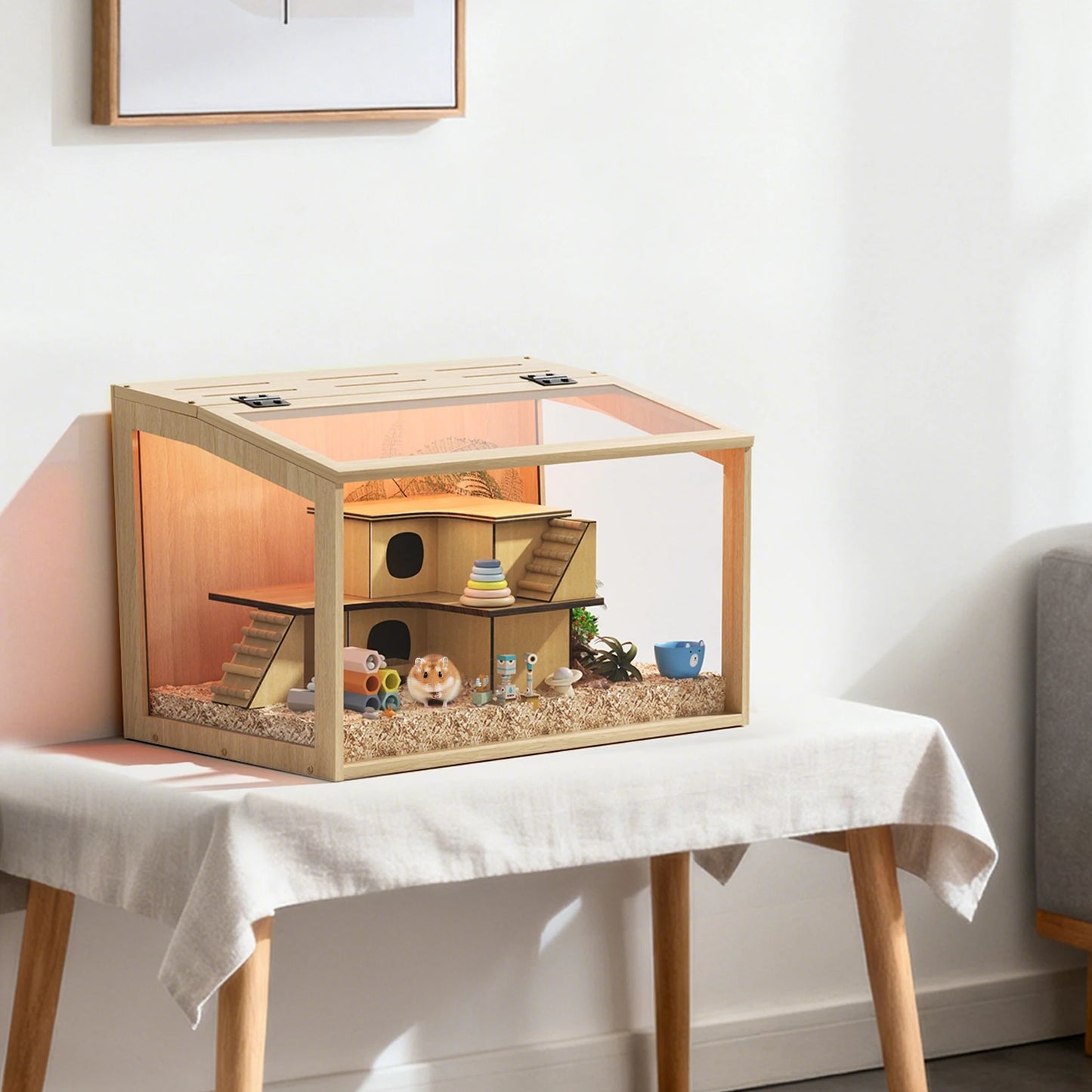 NONECN Wooden Hamster Cage with Glass Panels Open Top Habitat