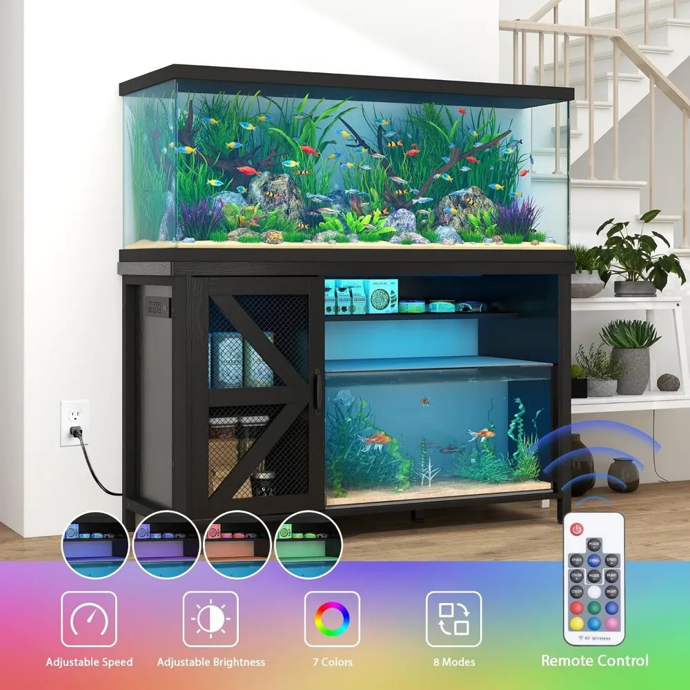 Wooden Aquarium Stand With Storage And LED Lighting Power Outlets