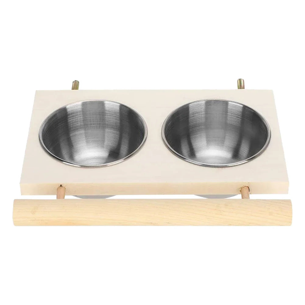 Stainless Steel Bird Feeder With Wooden Stand Double Bowls
