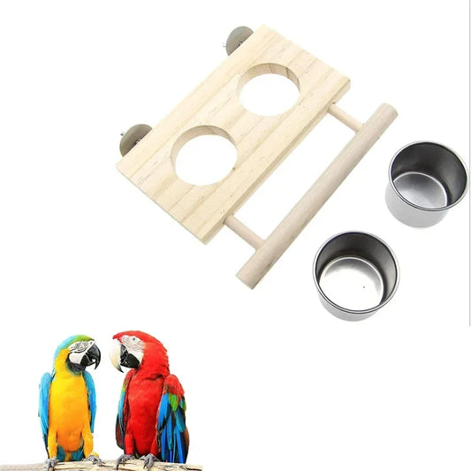 Stainless Steel Bird Feeder With Wooden Stand Double Bowls
