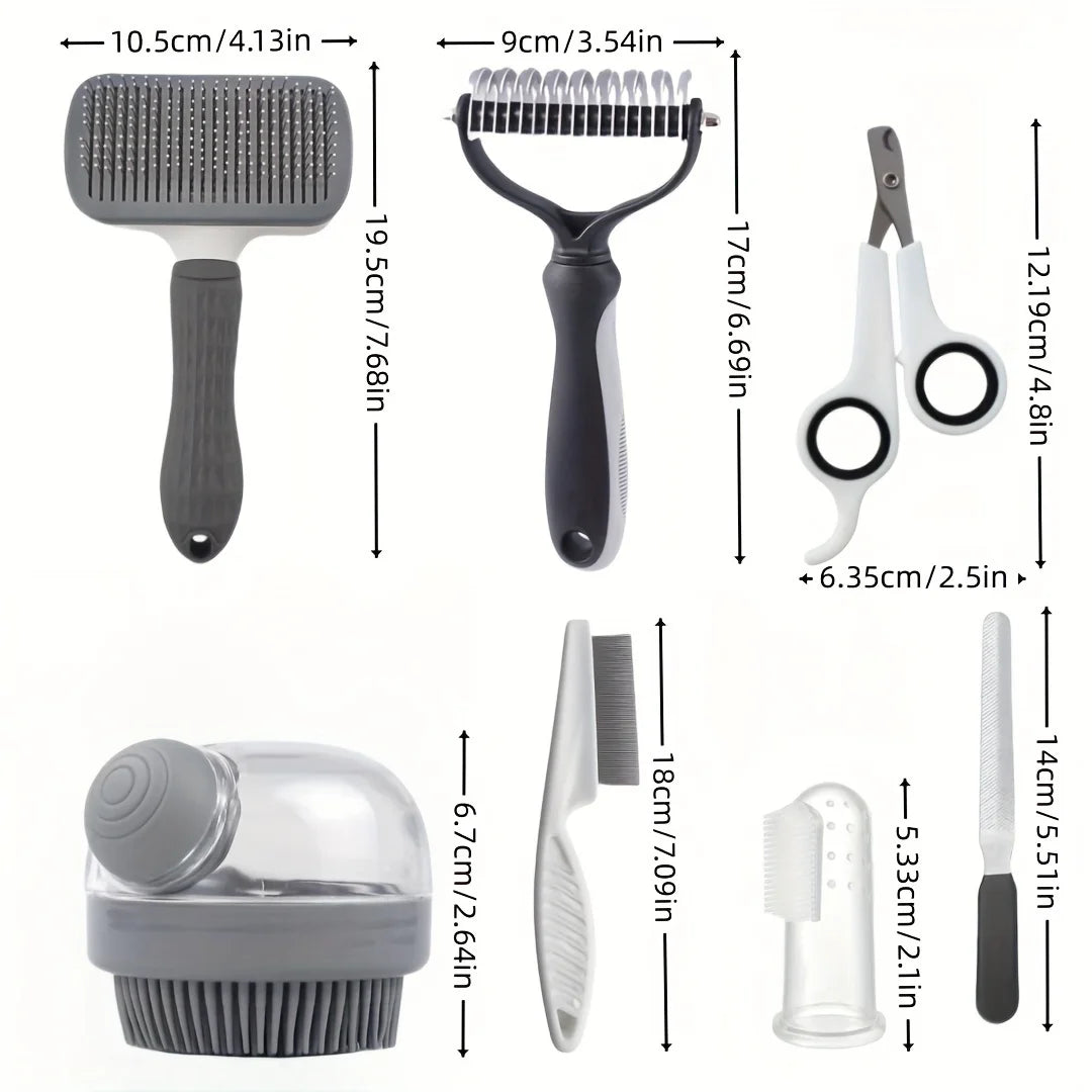 Dog Grooming Kit 8 Piece Self Cleaning Set With Nail Clippers Bath Brush