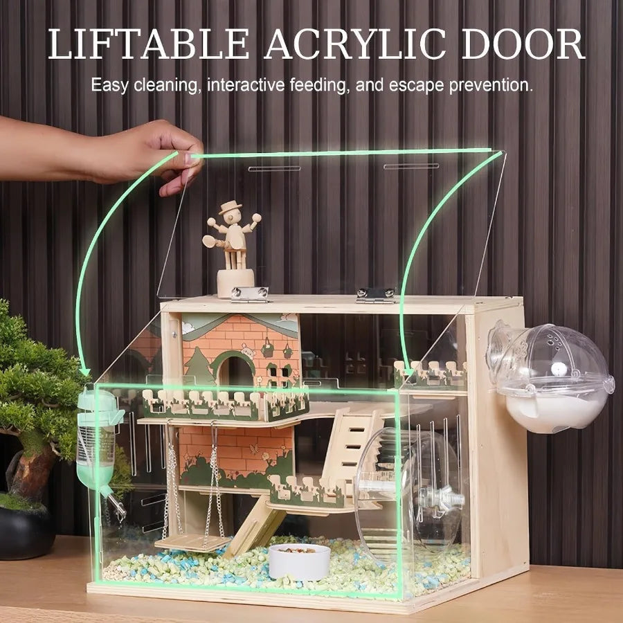 Wooden Hamster Cage With Acrylic Panels And Accessories