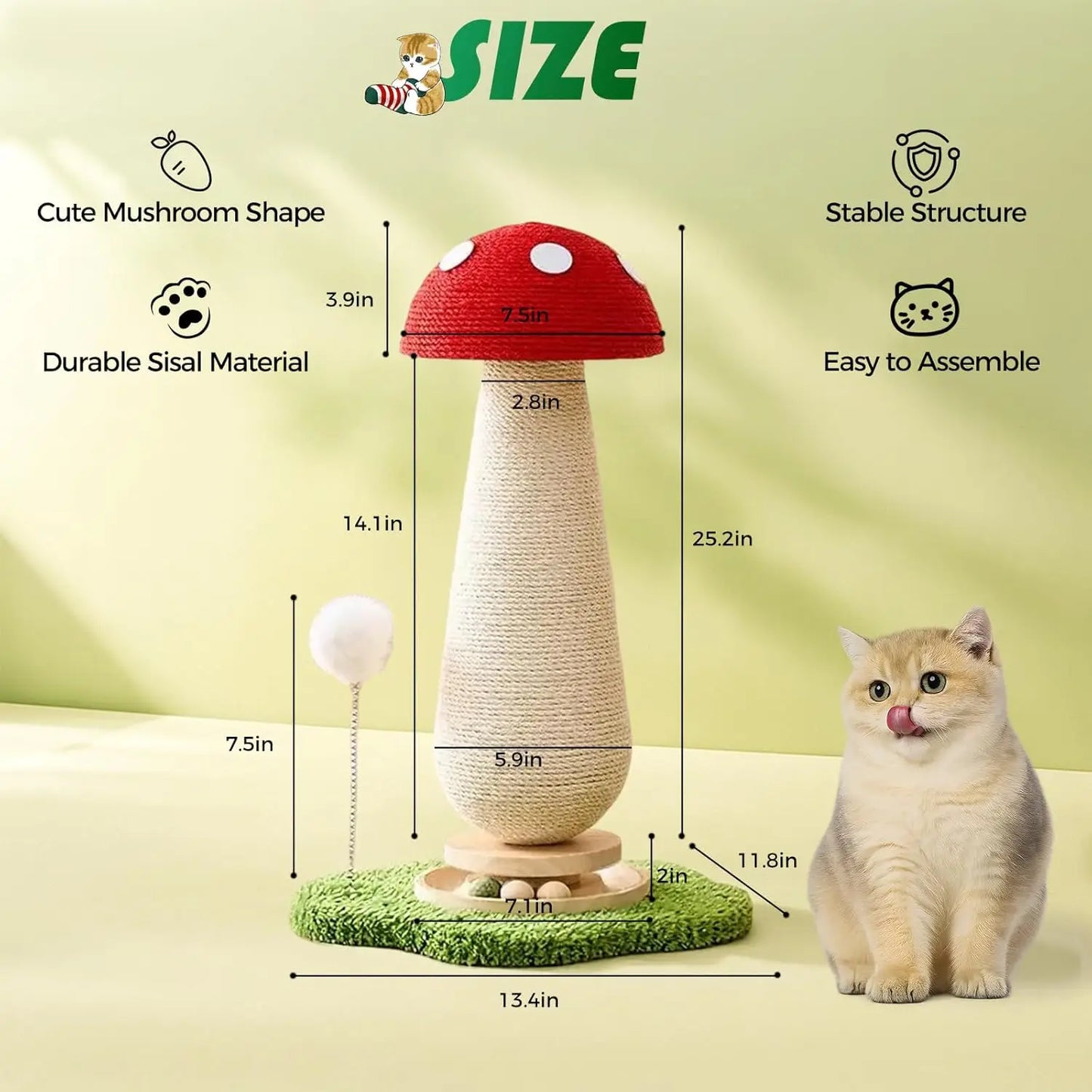 Mushroom Cat Scratching Post With Sisal Ball And Wood Tower
