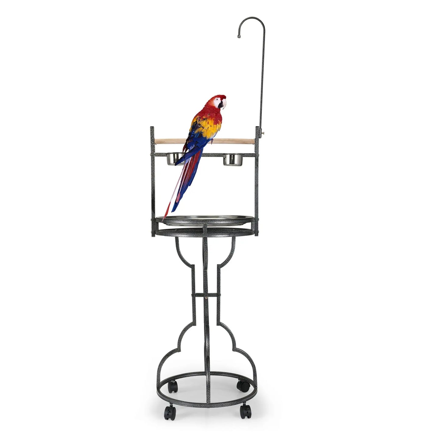 Parrot Playstand With Solid Wood Perch, Feeding Bowls, Waste Tray, Toy Hook