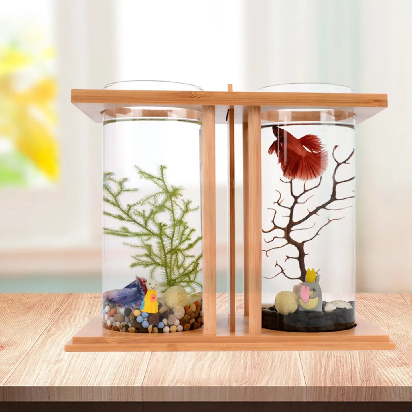 Dual Chamber Bamboo Desktop Betta Aquarium With LED Light