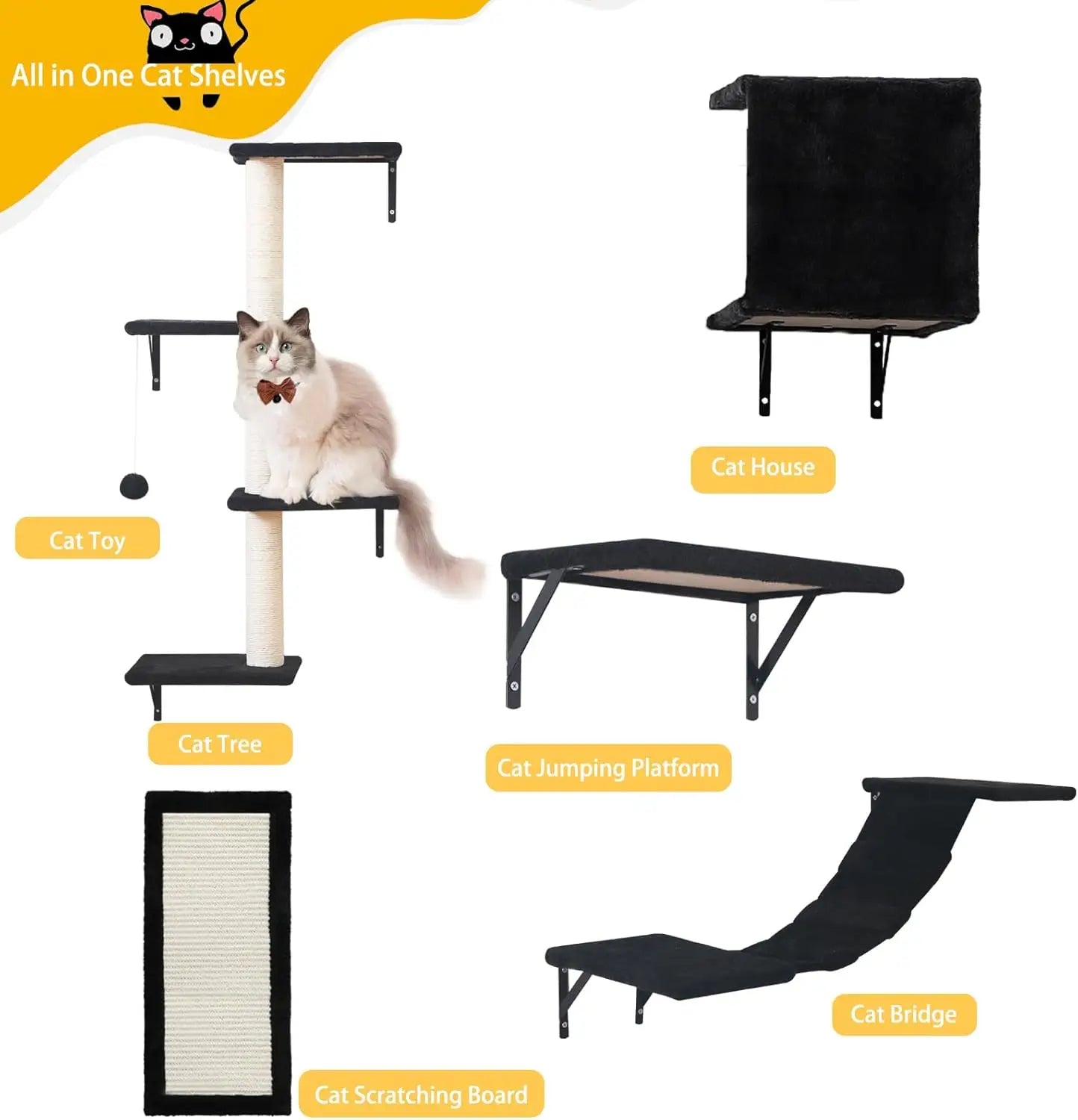 Wall Mounted Cat Shelves 5 Piece Wooden Climber Set