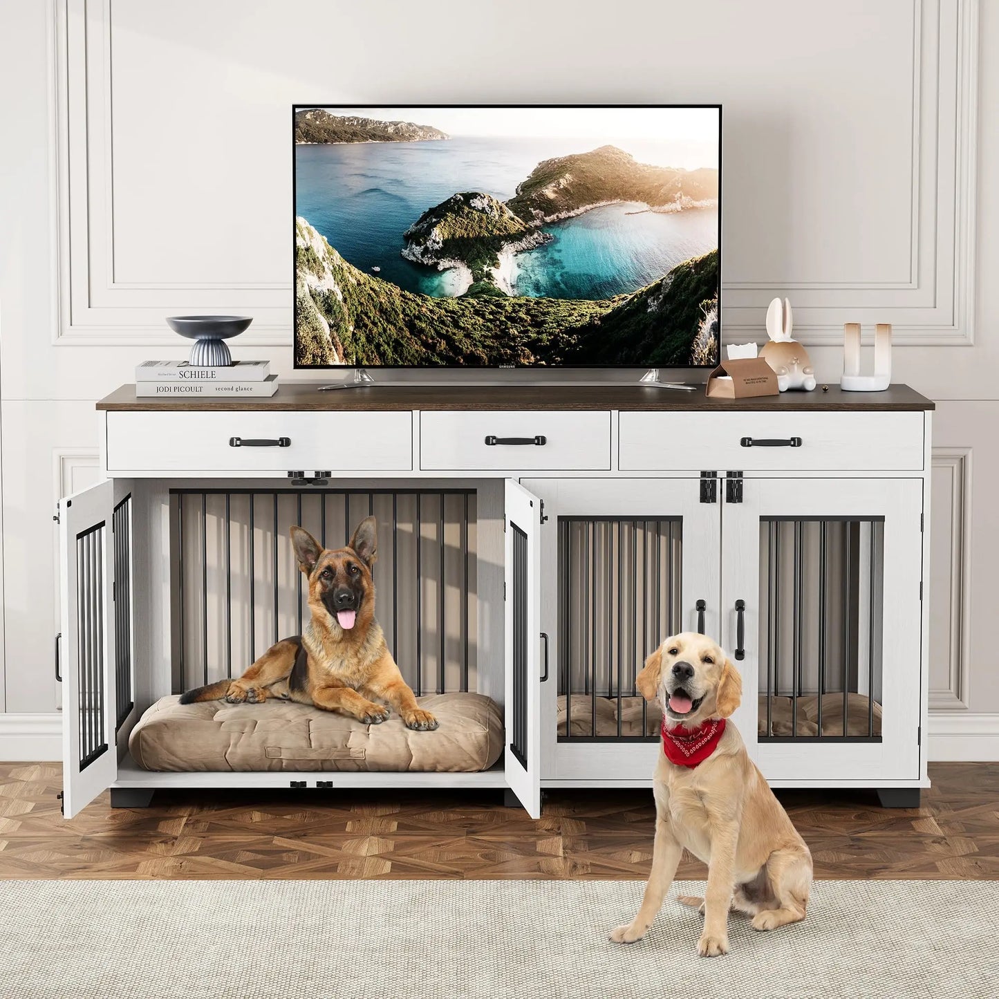 HiMISS Heavy Duty Double Dog Crate Furniture With Divider