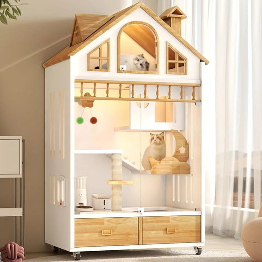 Enclosed Cat Condo Wooden Indoor House With Litter Box On Wheels