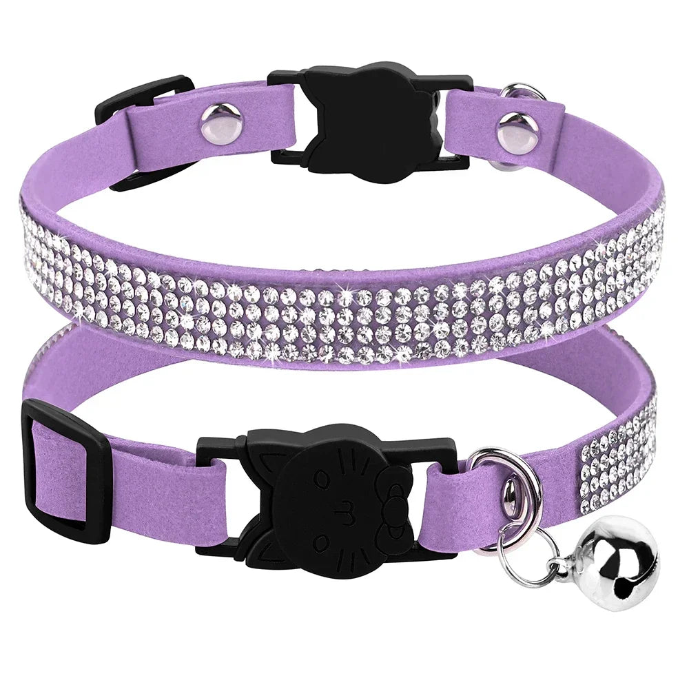 Soft Suede Cat Collar Rhinestone Bling with Bell Safety Breakaway