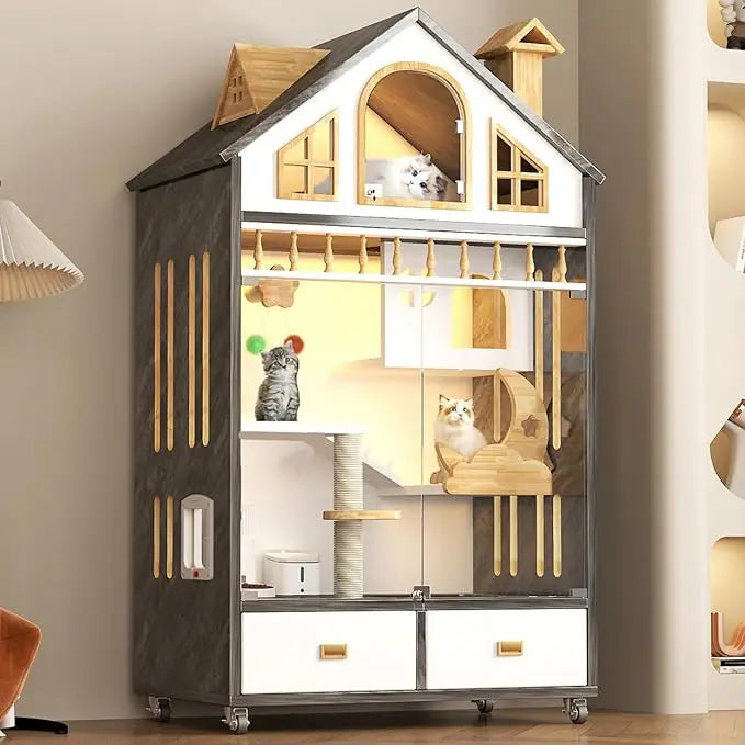 Enclosed Cat Condo Wooden Indoor House With Litter Box On Wheels