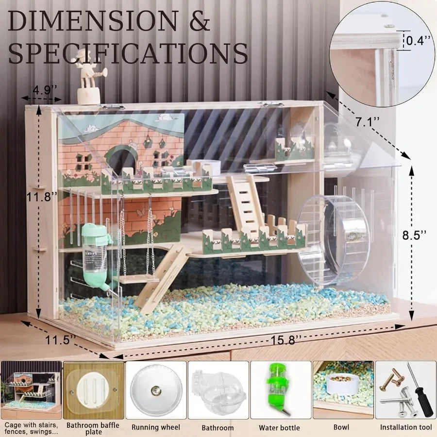 Wooden Hamster Cage With Acrylic Panels And Accessories