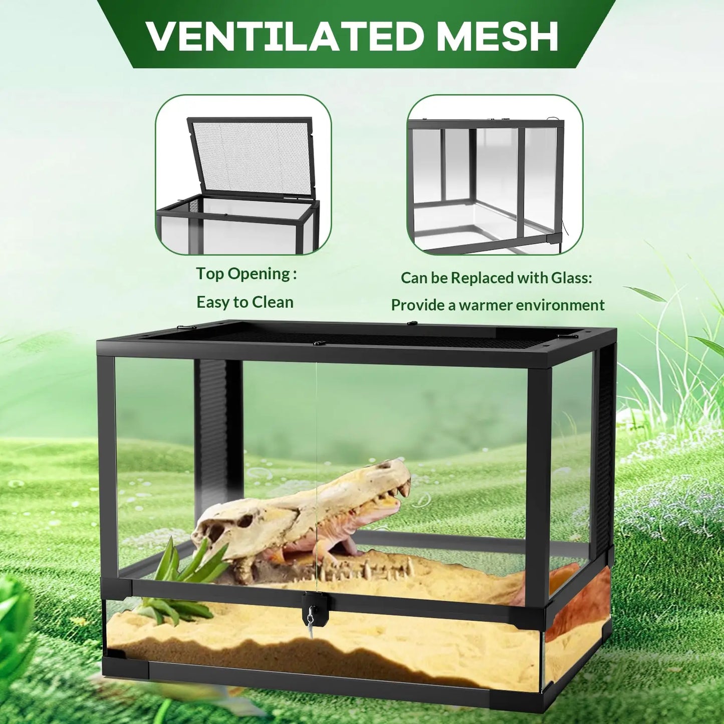 HiMISS Tempered Glass Reptile Terrarium Top With Screen Ventilation