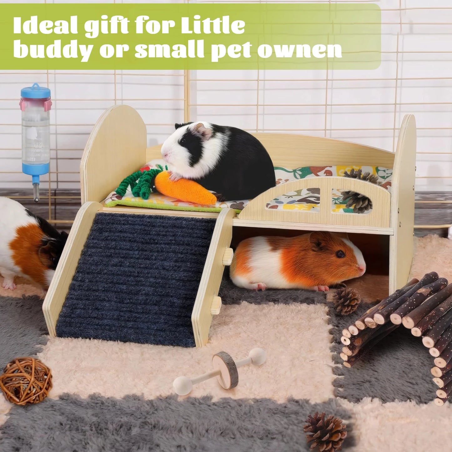 Guinea Hideout Platform With Stable Stairs Wooden Small Pet Bed