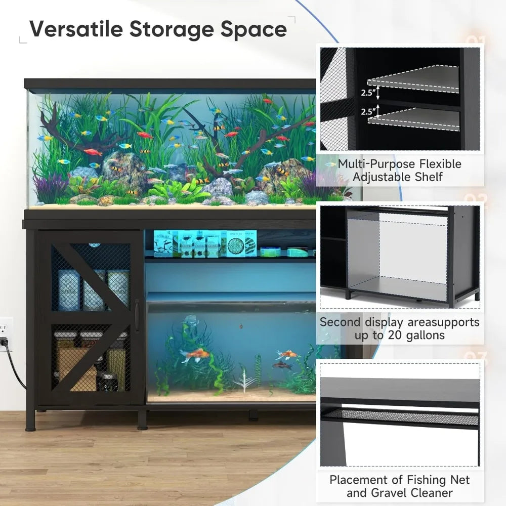 Wooden Aquarium Stand With Storage And LED Lighting Power Outlets