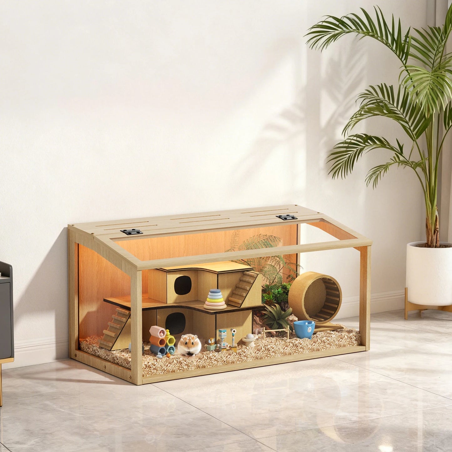 NONECN Wooden Hamster Cage with Glass Panels Open Top Habitat
