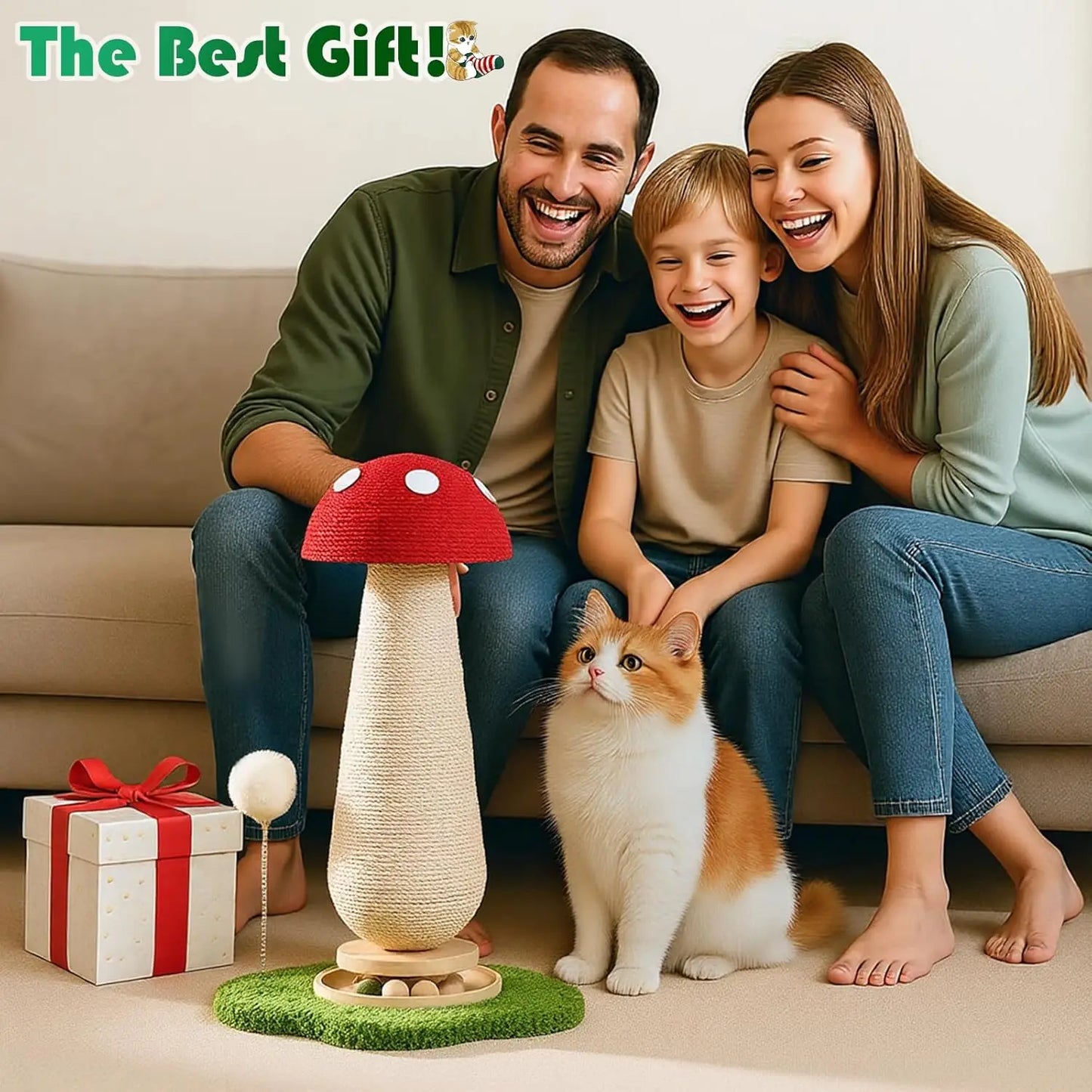 Mushroom Cat Scratching Post With Sisal Ball And Wood Tower