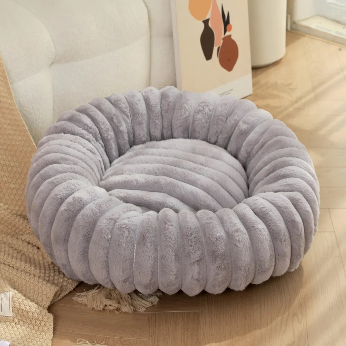 NONECN Round Plush Pet Bed For Dogs And Cats Winter Warm Shelter