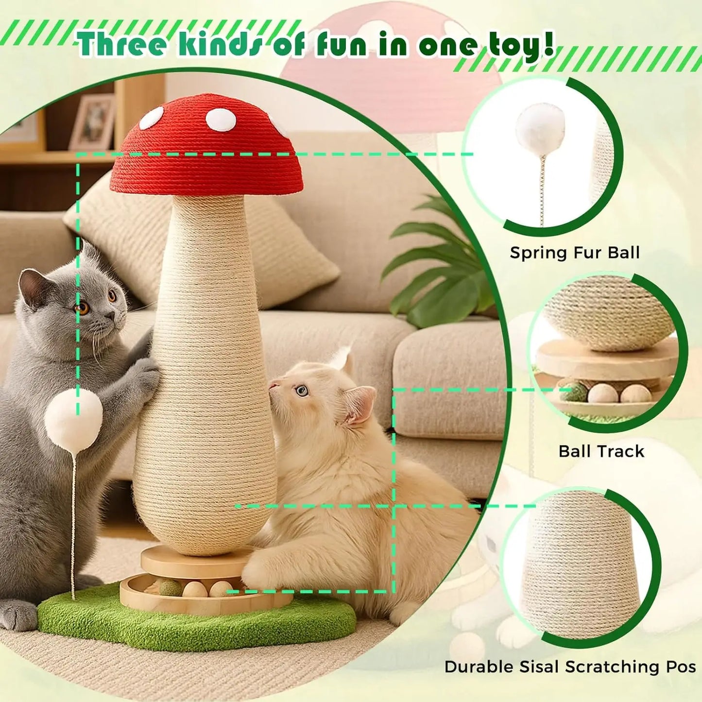 Mushroom Cat Scratching Post With Sisal Ball And Wood Tower