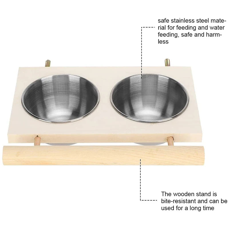 Stainless Steel Bird Feeder With Wooden Stand Double Bowls