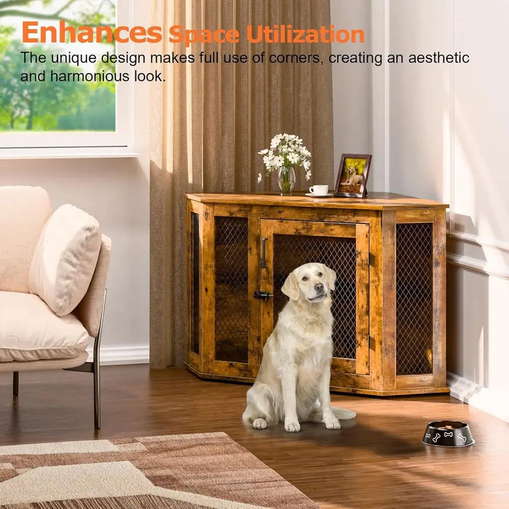 Wooden Dog Crate End Table With Mesh For Indoor Use