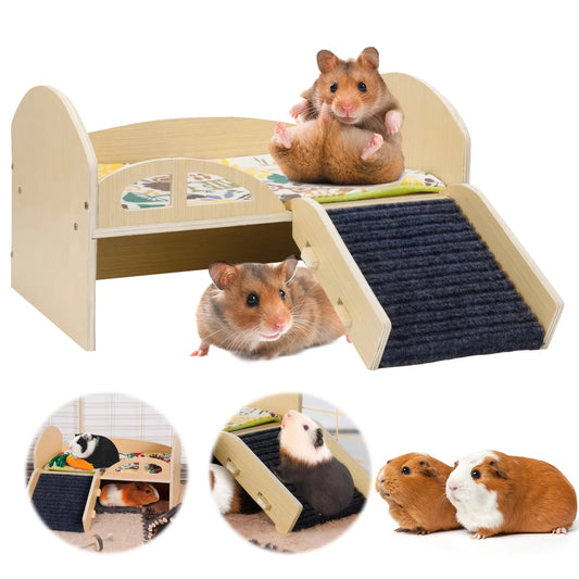 Guinea Hideout Platform With Stable Stairs Wooden Small Pet Bed