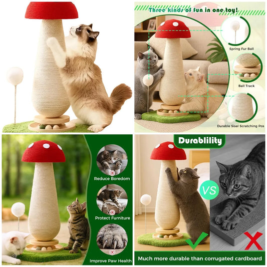 Mushroom Cat Scratching Post With Sisal Ball And Wood Tower