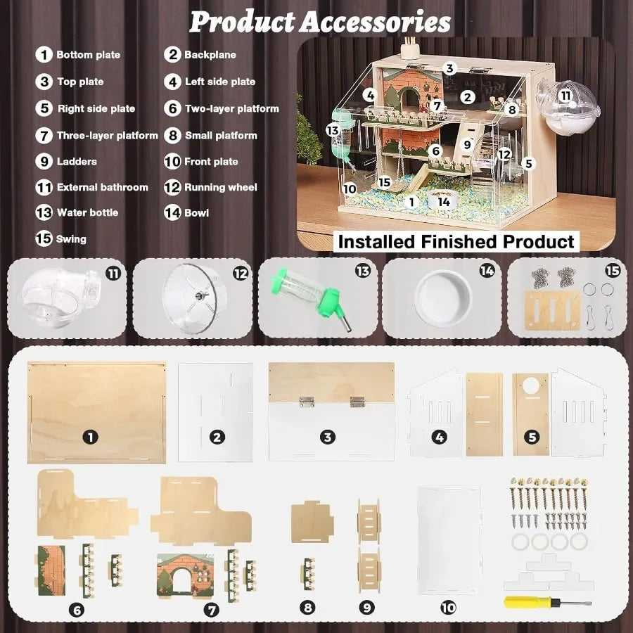 Wooden Hamster Cage With Acrylic Panels And Accessories