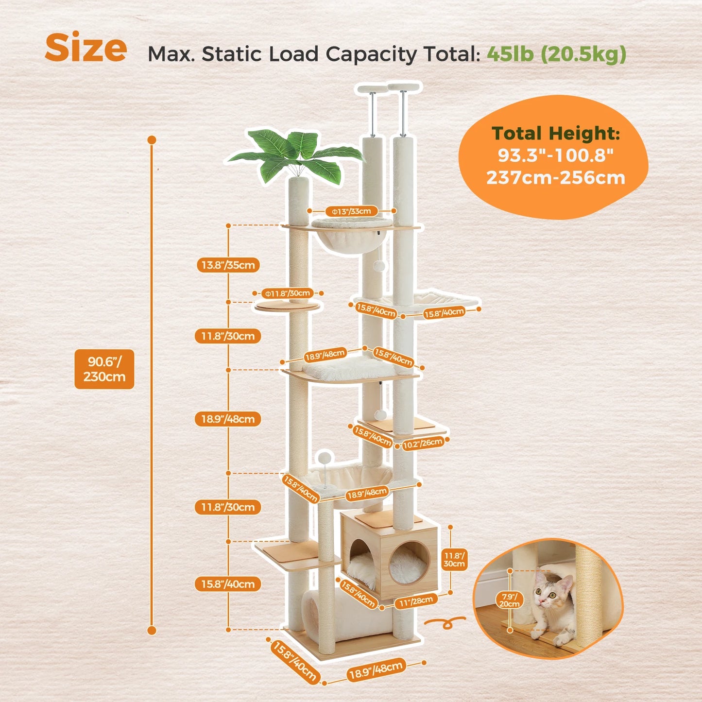 PAWZ Road Adjustable Wooden Cat Tree With Hammock Sisal Posts