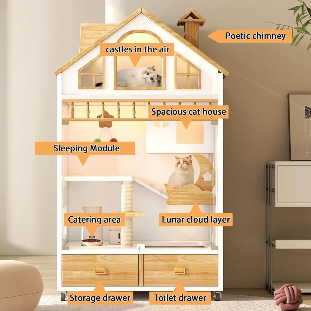 Enclosed Cat Condo Wooden Indoor House With Litter Box On Wheels