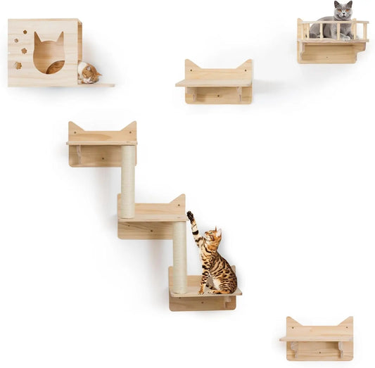 Wall Mounted Cat Shelves Set House Tower Scratching Posts Ladder